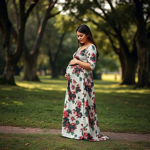 Ensaio de gestante ao ar livre em um parque em São Paulo, com a futura mamãe vestindo um vestido longo e florido