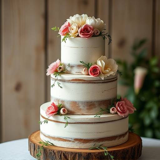 Foto de um bolo de casamento decorado com flores em uma festa de casamento rüstica